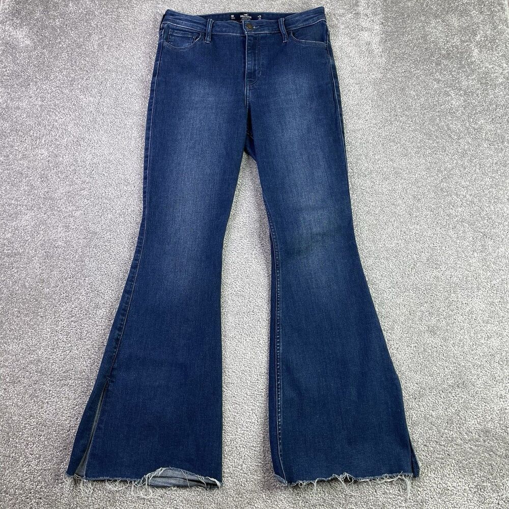 Hollister Jeans Women’s 29X29.5 Blue Flare High Rise Dark Wash Denim Raw Hem